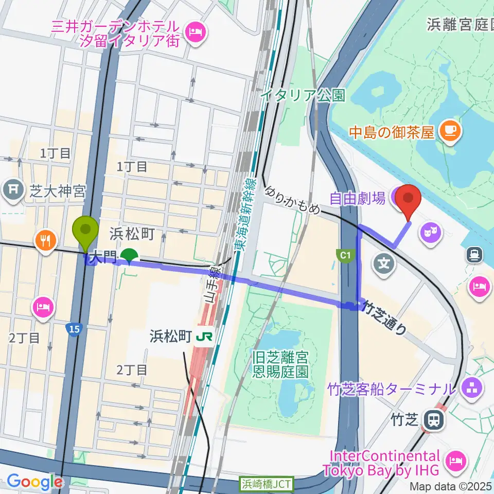 大門駅から自由劇場へのルートマップ地図