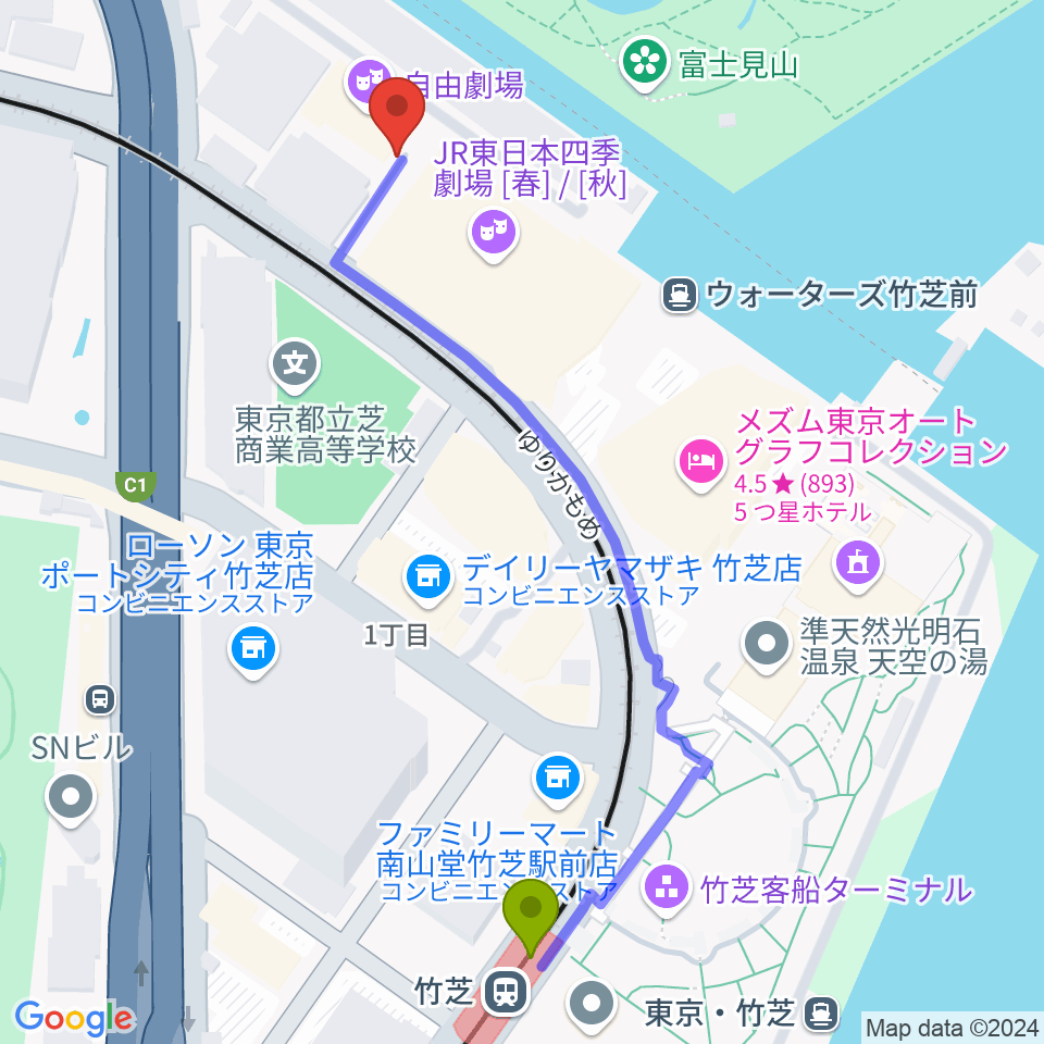 自由劇場の最寄駅竹芝駅からの徒歩ルート（約6分）地図