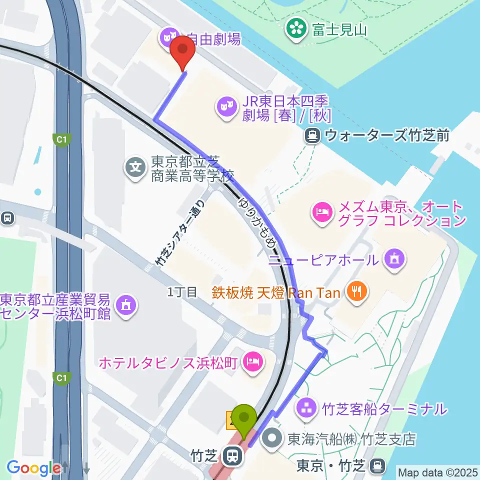 自由劇場の最寄駅竹芝駅からの徒歩ルート（約6分）地図