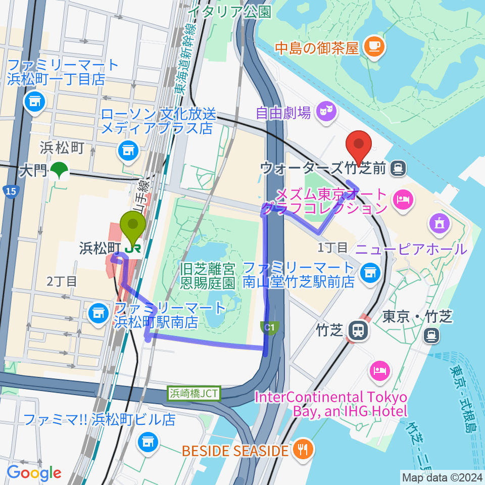 浜松町駅からJR東日本四季劇場［春］へのルートマップ地図