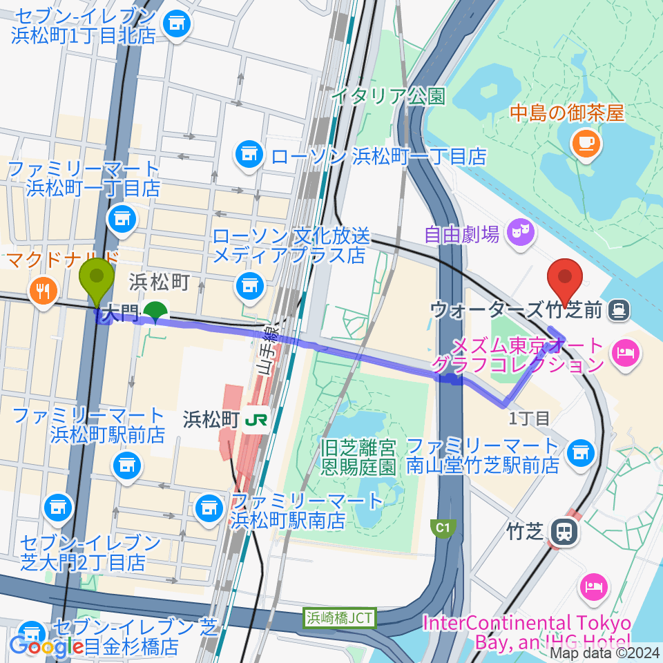 大門駅からJR東日本四季劇場［春］へのルートマップ地図