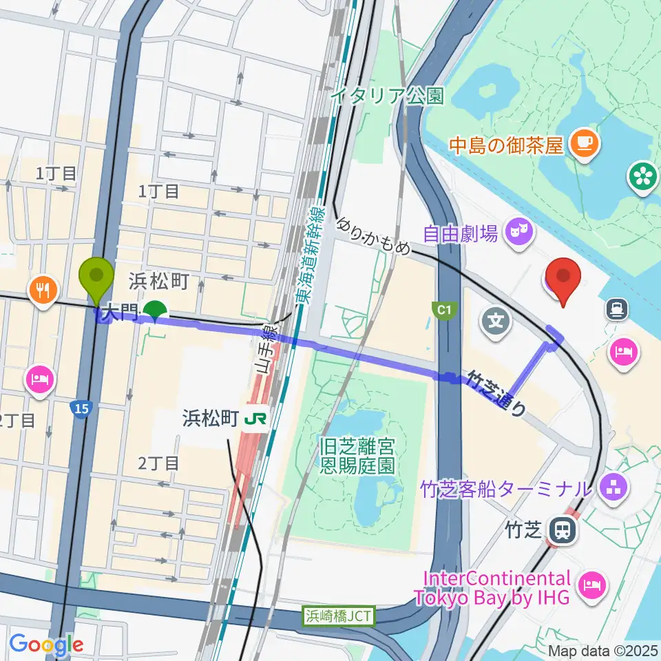 大門駅からJR東日本四季劇場［春］へのルートマップ地図
