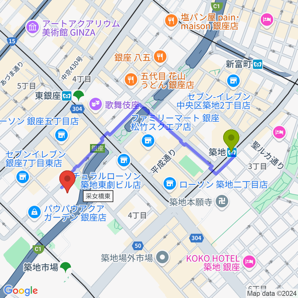 築地駅から新橋演舞場へのルートマップ地図