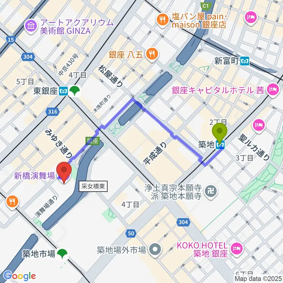 築地駅から新橋演舞場へのルートマップ地図