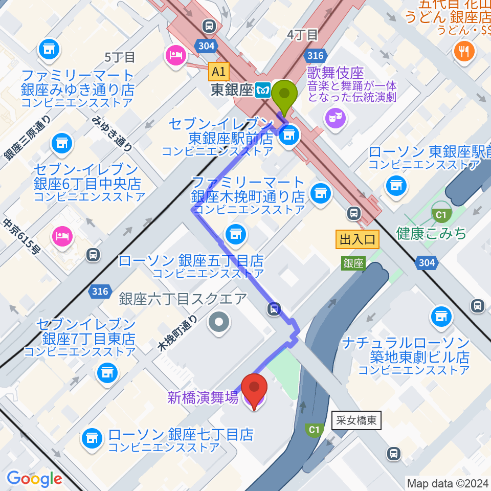 東銀座駅から新橋演舞場へのルートマップ地図