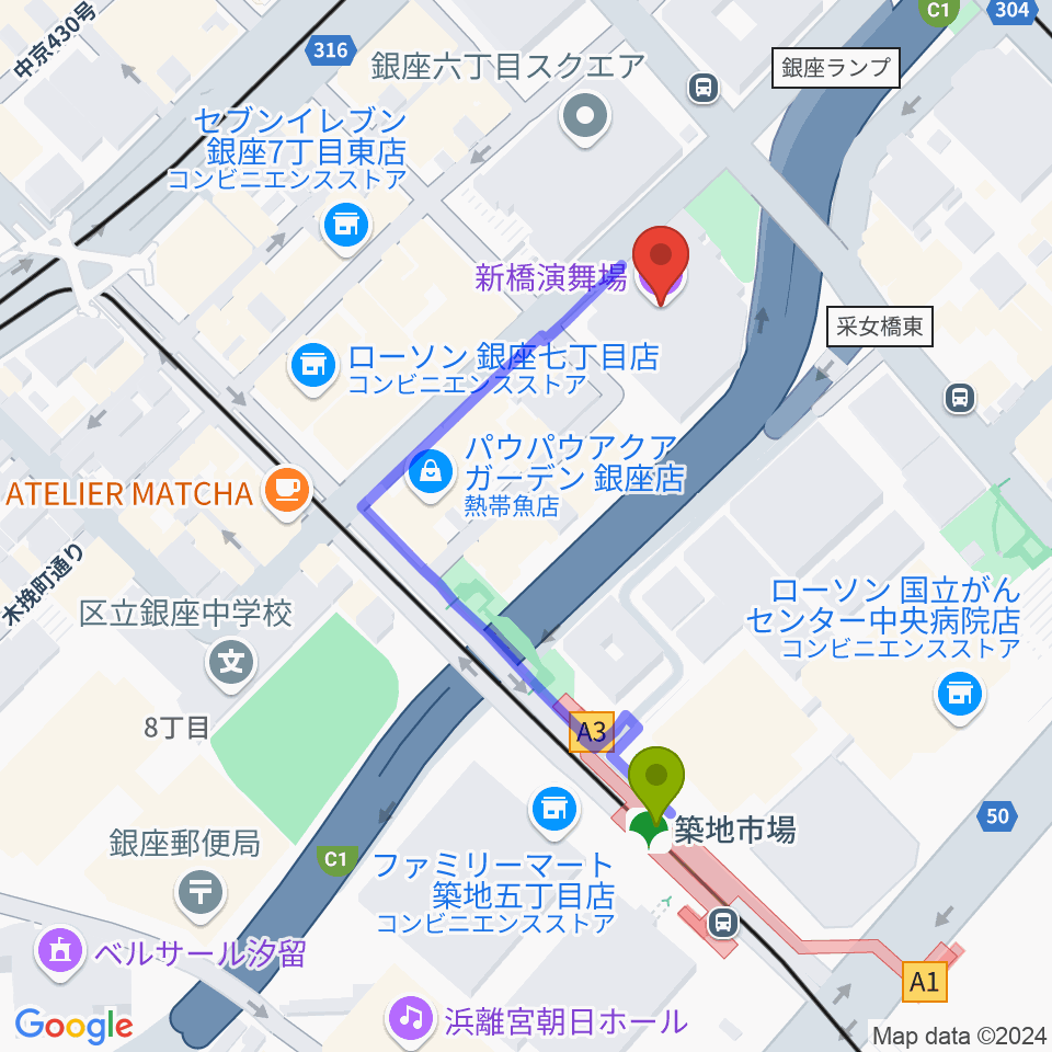 新橋演舞場の最寄駅築地市場駅からの徒歩ルート（約4分）地図