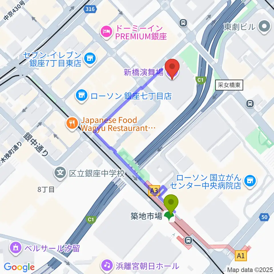 新橋演舞場の最寄駅築地市場駅からの徒歩ルート（約4分）地図