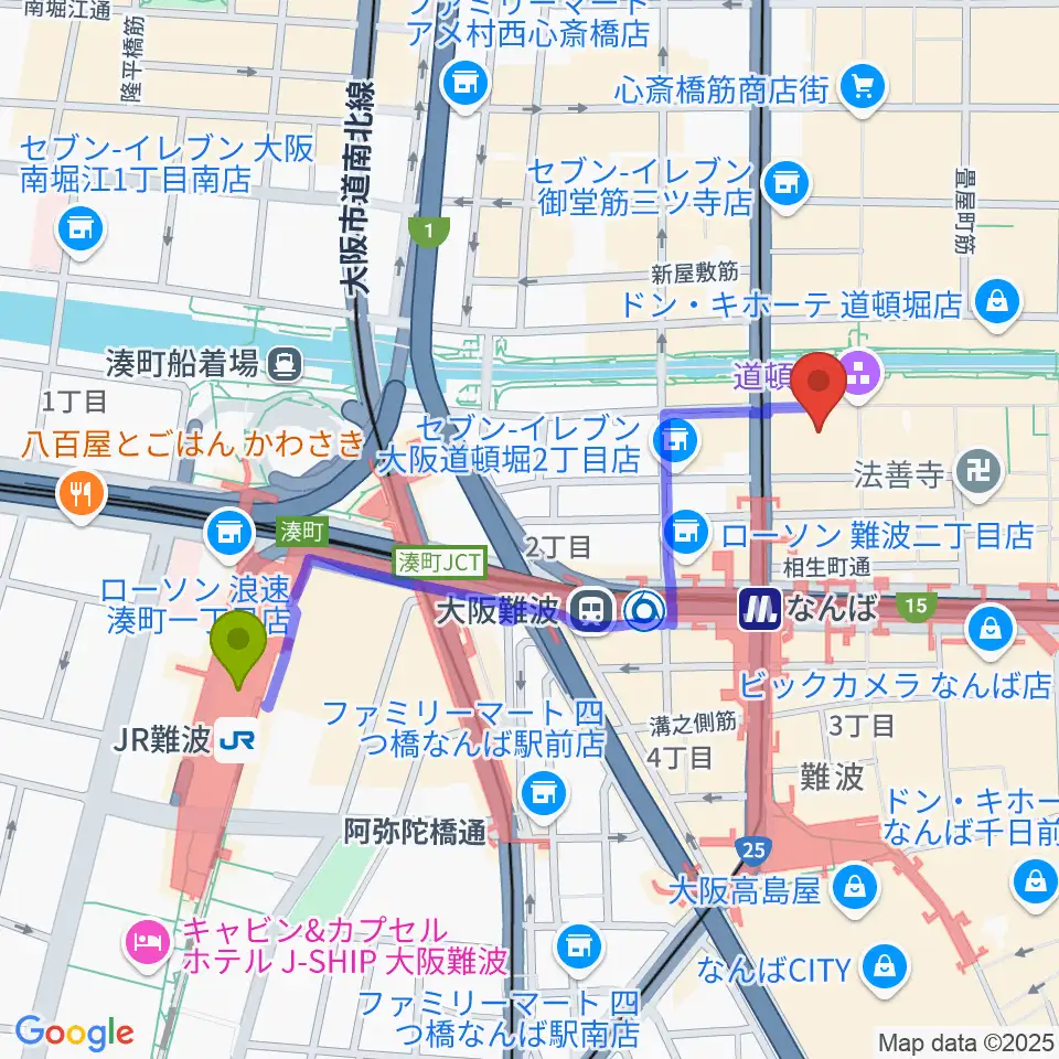ＪＲ難波駅から大阪松竹座へのルートマップ地図