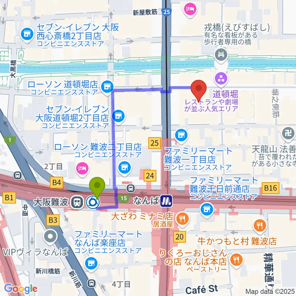 大阪松竹座の最寄駅大阪難波駅からの徒歩ルート（約4分）地図