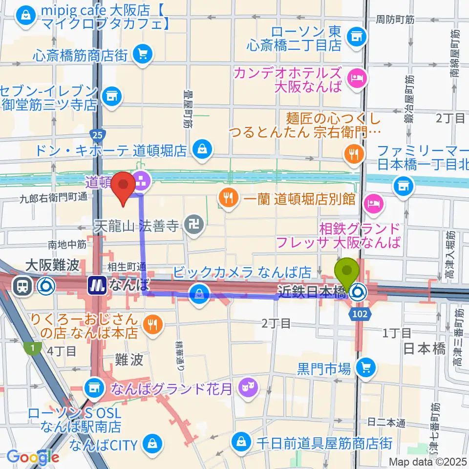 近鉄日本橋駅から大阪松竹座へのルートマップ地図