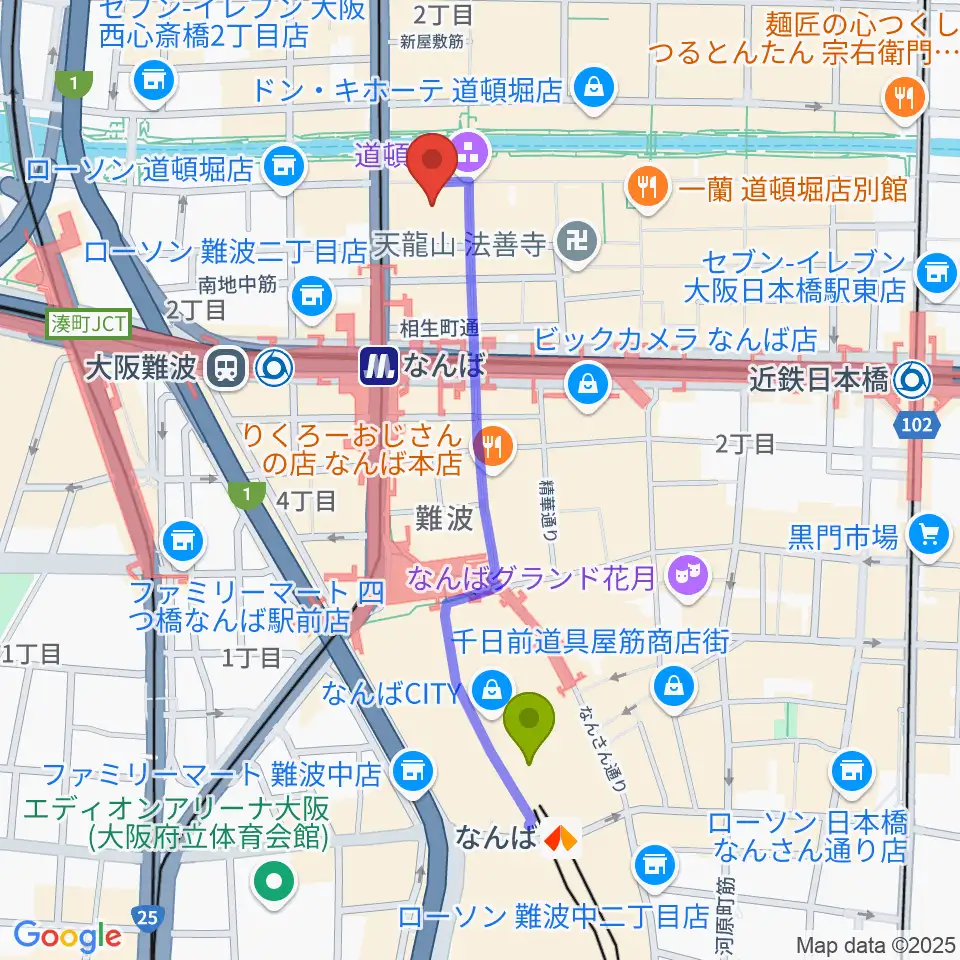 難波駅から大阪松竹座へのルートマップ地図