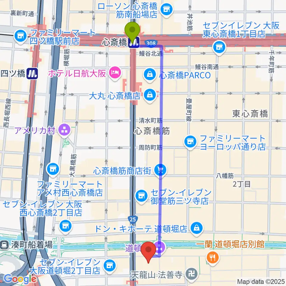 心斎橋駅から大阪松竹座へのルートマップ地図