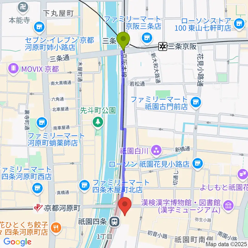 三条駅から京都四條南座へのルートマップ地図