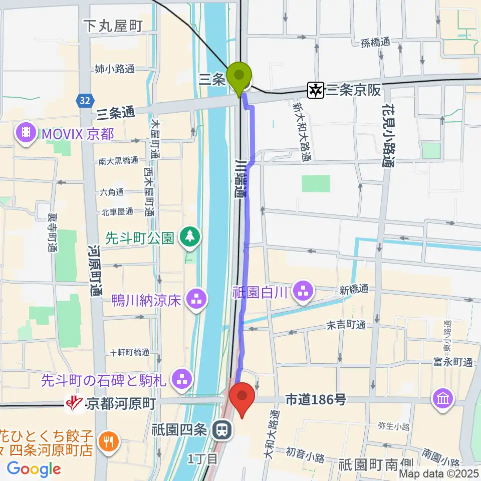 三条駅から京都四條南座へのルートマップ地図