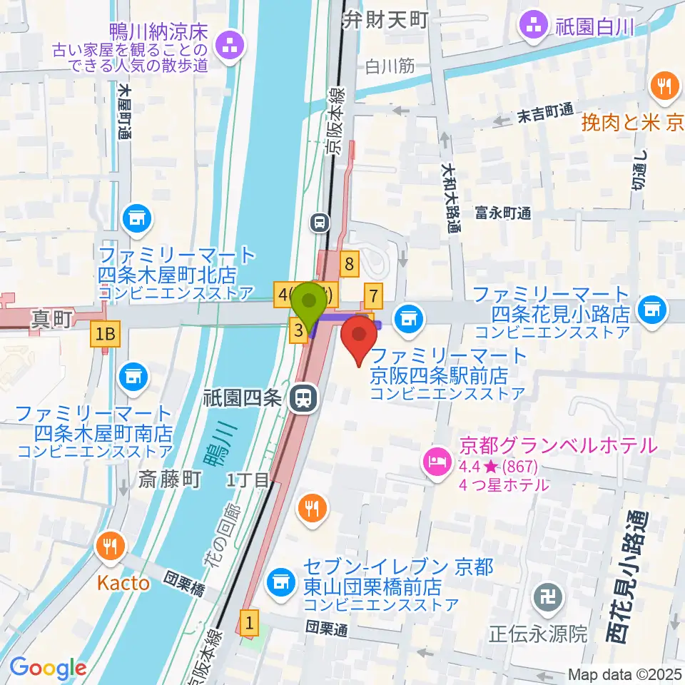 京都四條南座の最寄駅祇園四条駅からの徒歩ルート（約1分）地図