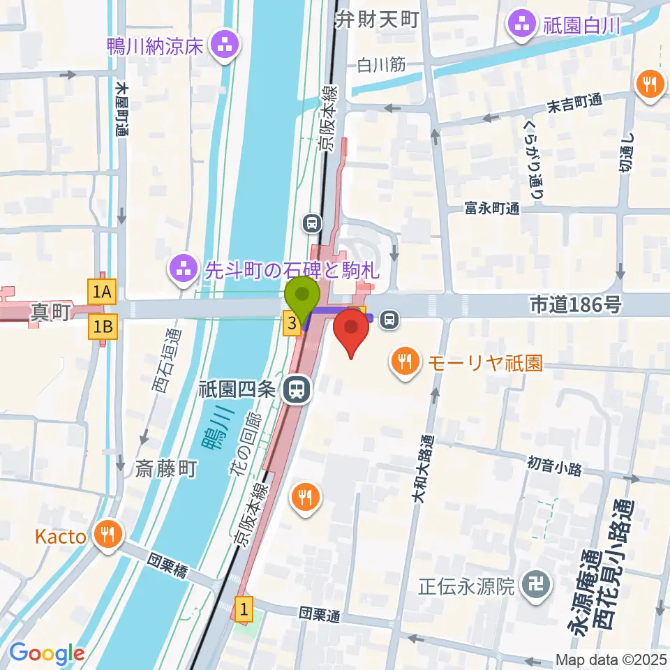 京都四條南座の最寄駅祇園四条駅からの徒歩ルート（約1分）地図