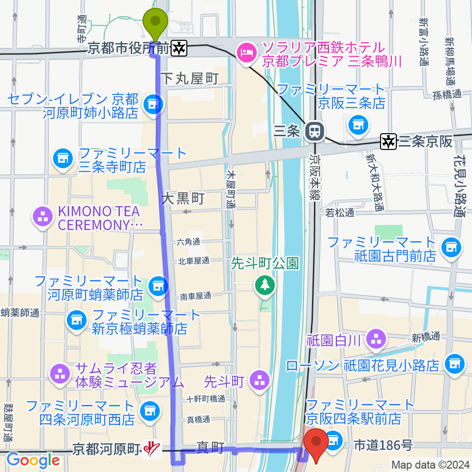 京都市役所前駅から京都四條南座へのルートマップ地図