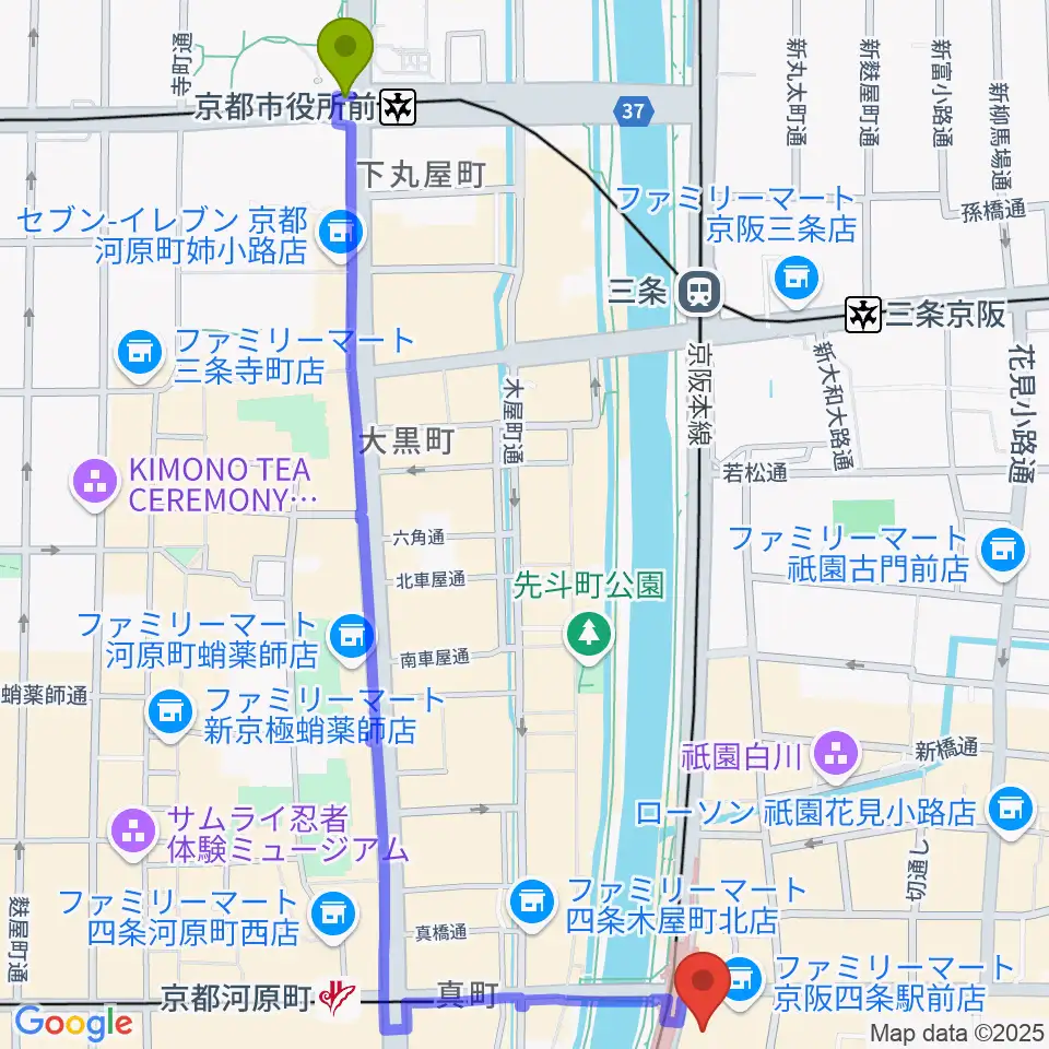 京都市役所前駅から京都四條南座へのルートマップ地図