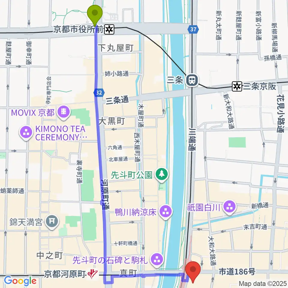京都市役所前駅から京都四條南座へのルートマップ地図