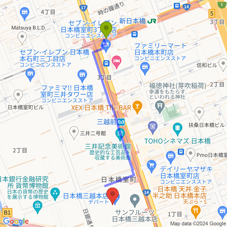 三越劇場の最寄駅新日本橋駅からの徒歩ルート（約6分）地図