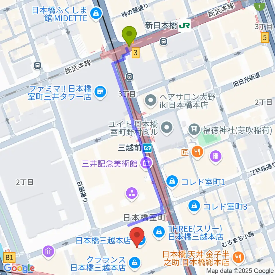 三越劇場の最寄駅新日本橋駅からの徒歩ルート（約6分）地図