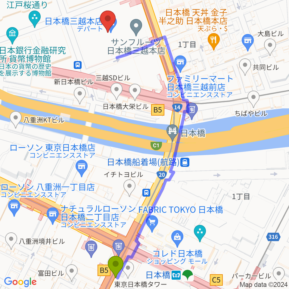 日本橋駅から三越劇場へのルートマップ地図