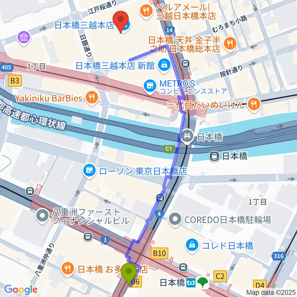 日本橋駅から三越劇場へのルートマップ地図