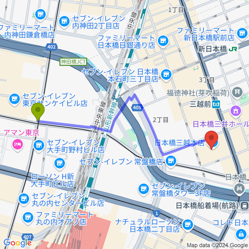 大手町駅から三越劇場へのルートマップ地図