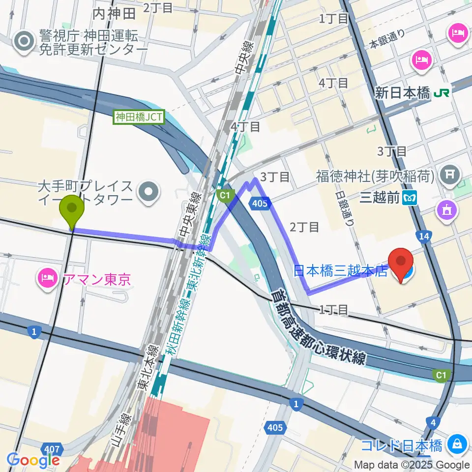 大手町駅から三越劇場へのルートマップ地図