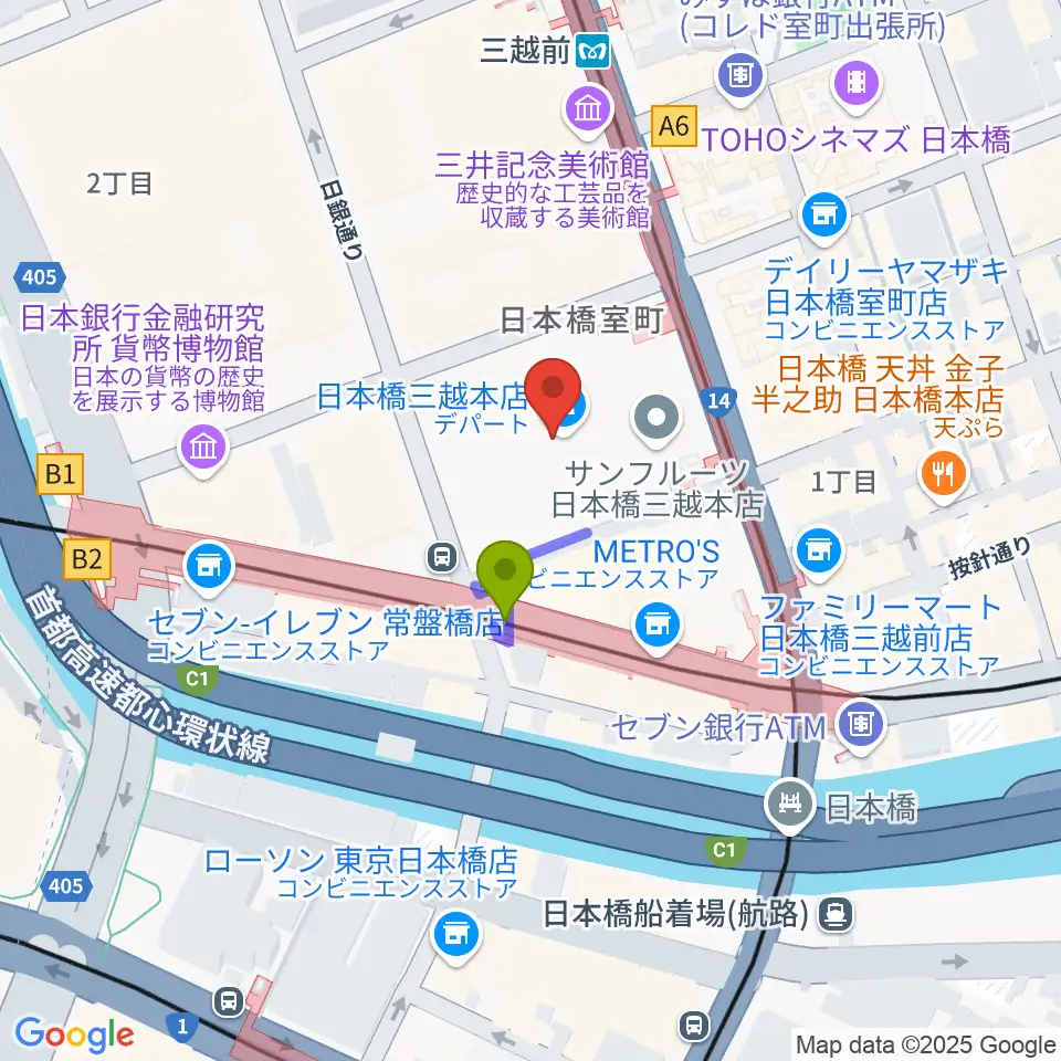 三越前駅から三越劇場へのルートマップ地図