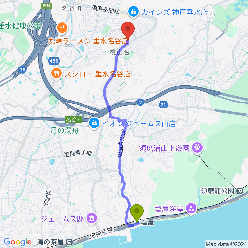 塩屋駅からあおきエレクトーン・ピアノ教室へのルートマップ地図