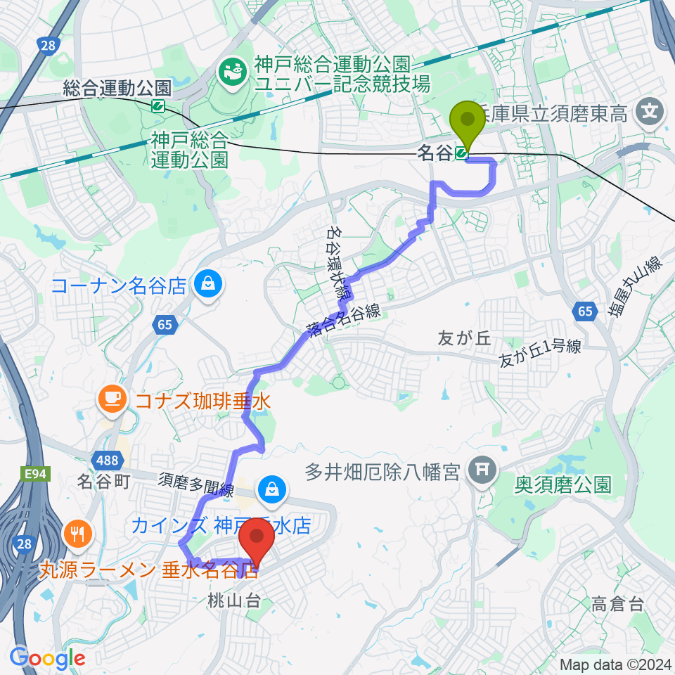 あおきエレクトーン・ピアノ教室の最寄駅名谷駅からの徒歩ルート（約43分）地図