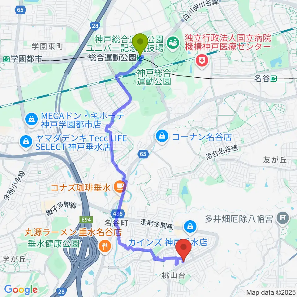 総合運動公園駅からあおきエレクトーン・ピアノ教室へのルートマップ地図