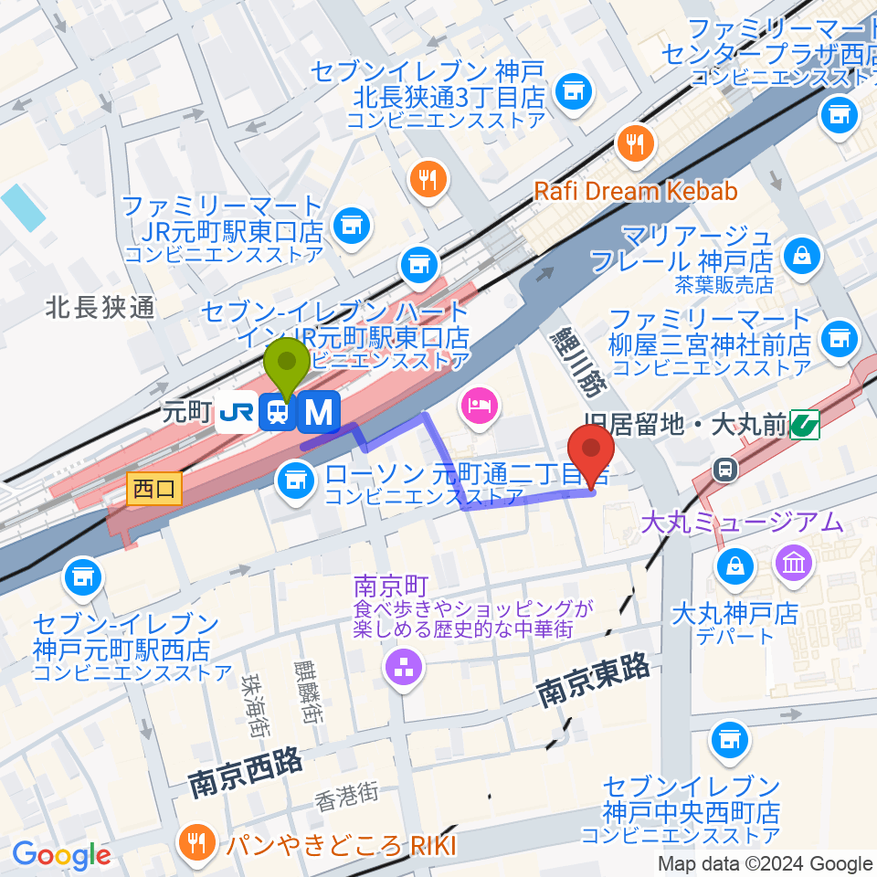 元町駅からジャズ喫茶JamJamへのルートマップ地図