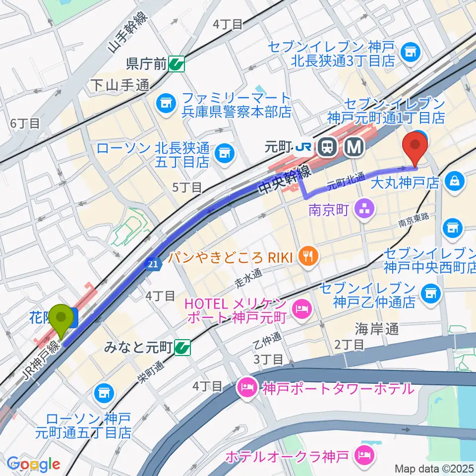花隈駅からジャズ喫茶JamJamへのルートマップ地図
