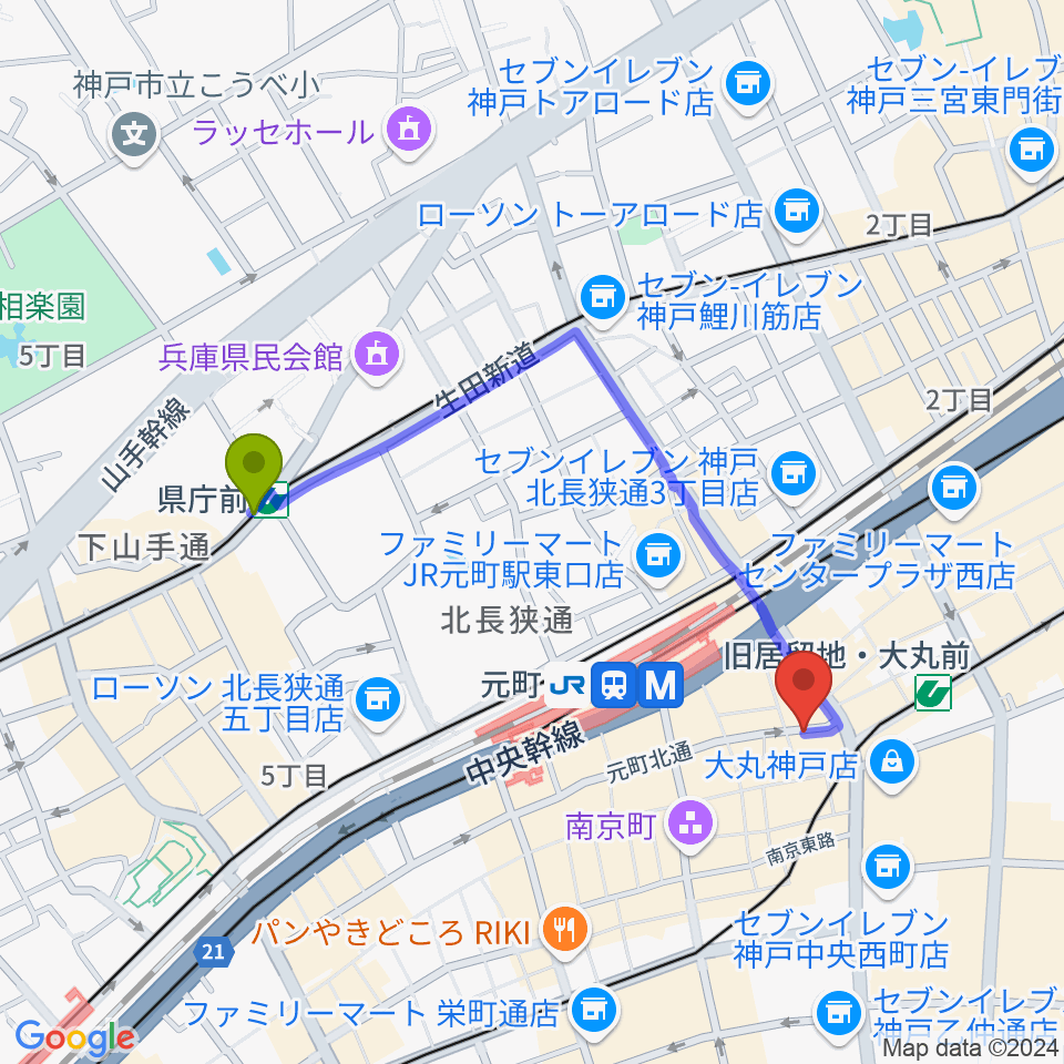 県庁前駅からジャズ喫茶JamJamへのルートマップ地図