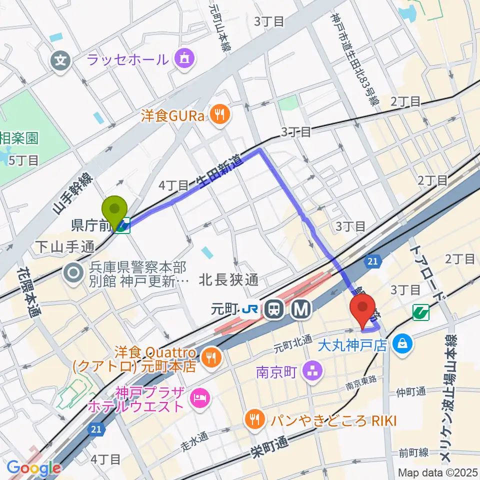県庁前駅からジャズ喫茶JamJamへのルートマップ地図