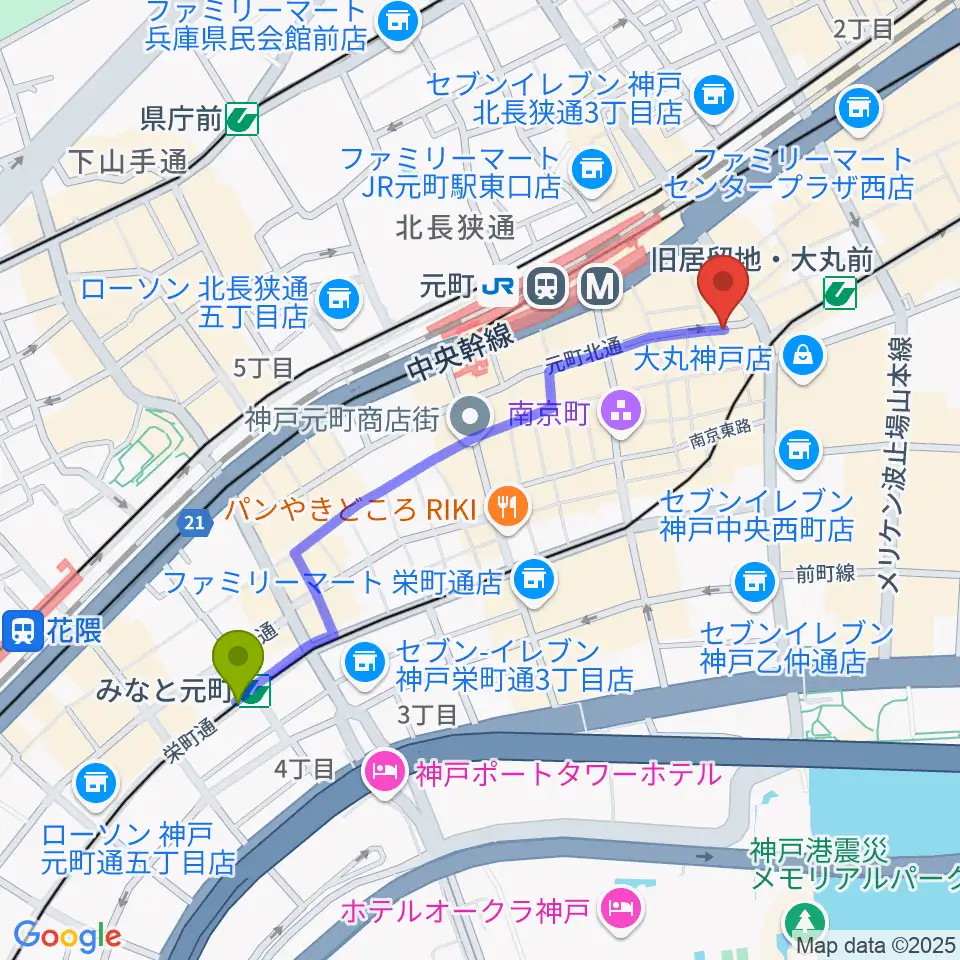 みなと元町駅からジャズ喫茶JamJamへのルートマップ地図