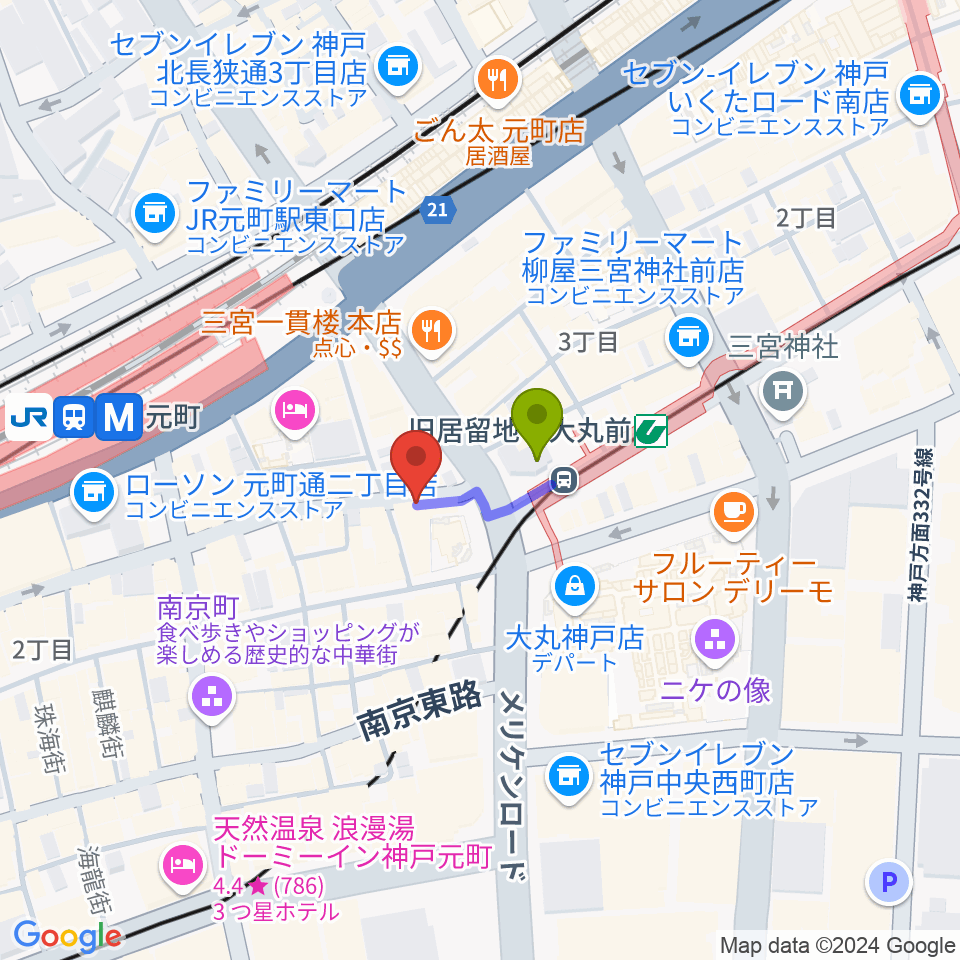 ジャズ喫茶JamJamの最寄駅旧居留地・大丸前駅からの徒歩ルート（約1分）地図