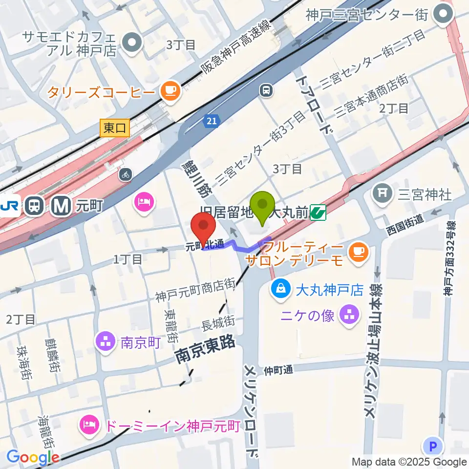ジャズ喫茶JamJamの最寄駅旧居留地・大丸前駅からの徒歩ルート（約1分）地図