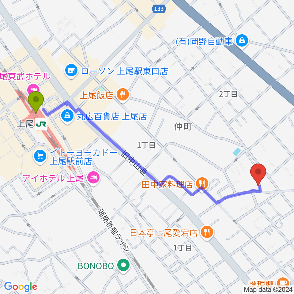 BarBer Fujiの最寄駅上尾駅からの徒歩ルート（約12分）地図