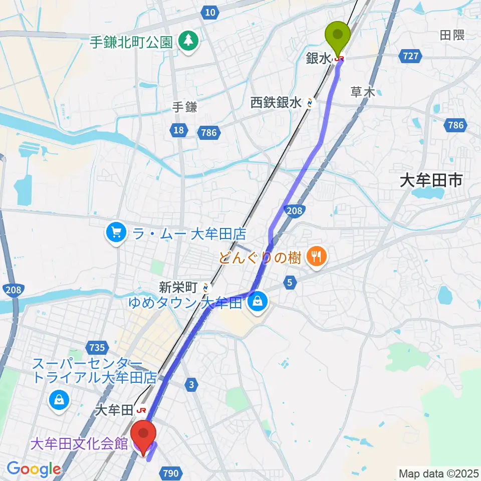 銀水駅から大牟田文化会館へのルートマップ地図