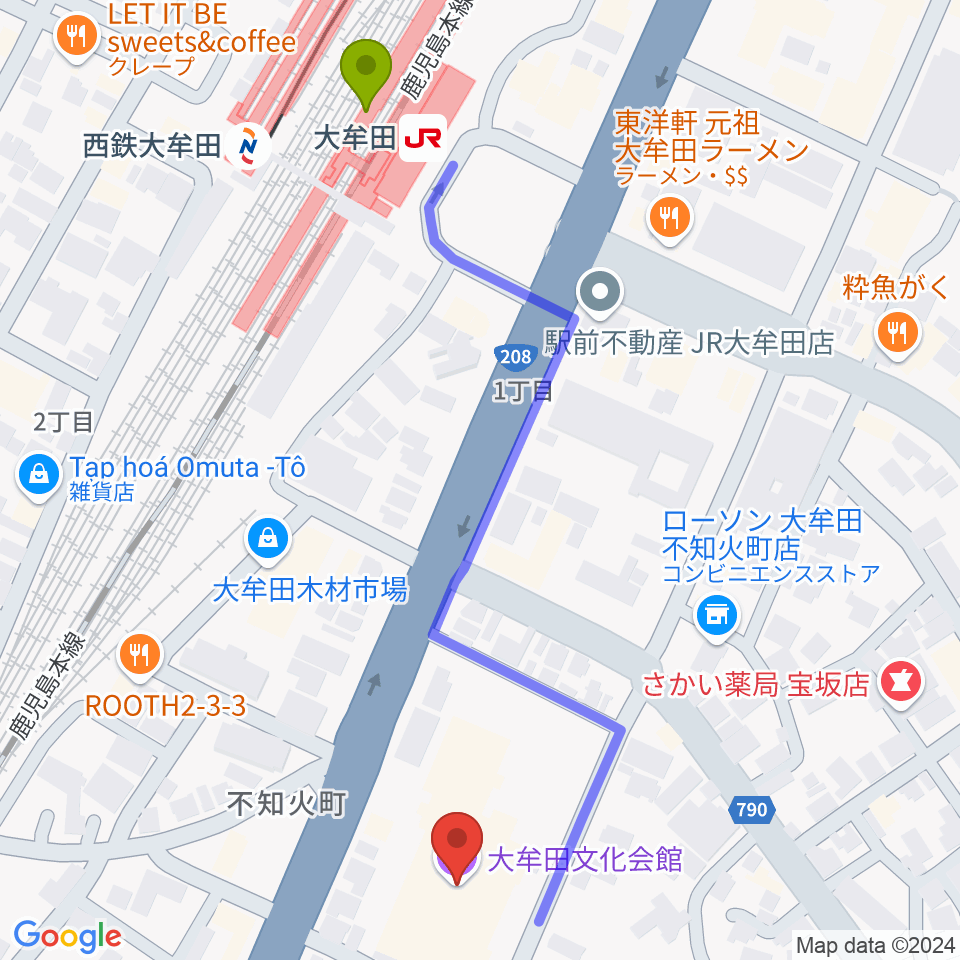 大牟田文化会館の最寄駅大牟田駅からの徒歩ルート（約6分）地図