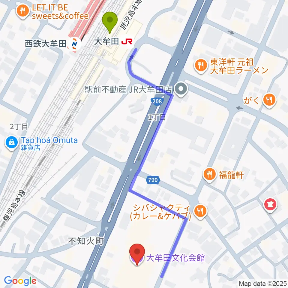 大牟田文化会館の最寄駅大牟田駅からの徒歩ルート（約6分）地図
