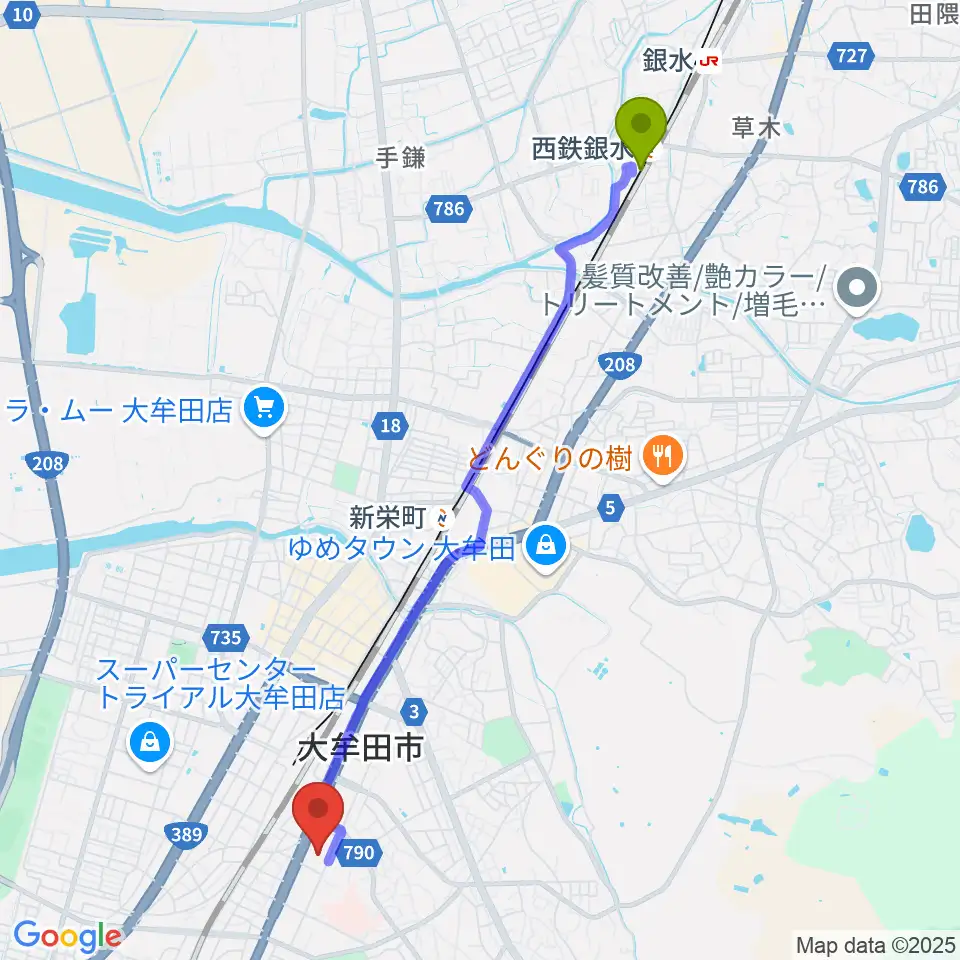 西鉄銀水駅から大牟田文化会館へのルートマップ地図