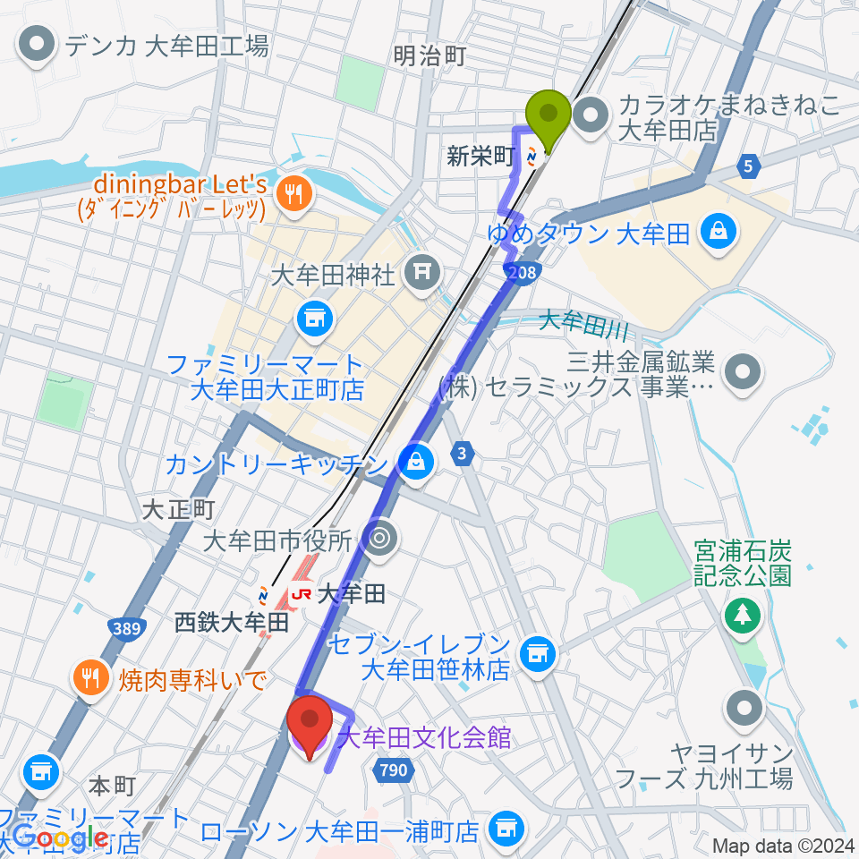 新栄町駅から大牟田文化会館へのルートマップ地図