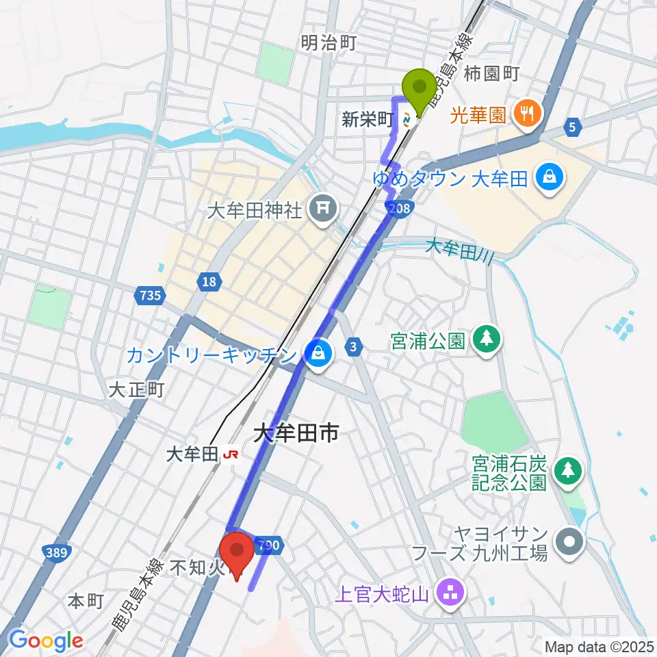 新栄町駅から大牟田文化会館へのルートマップ地図