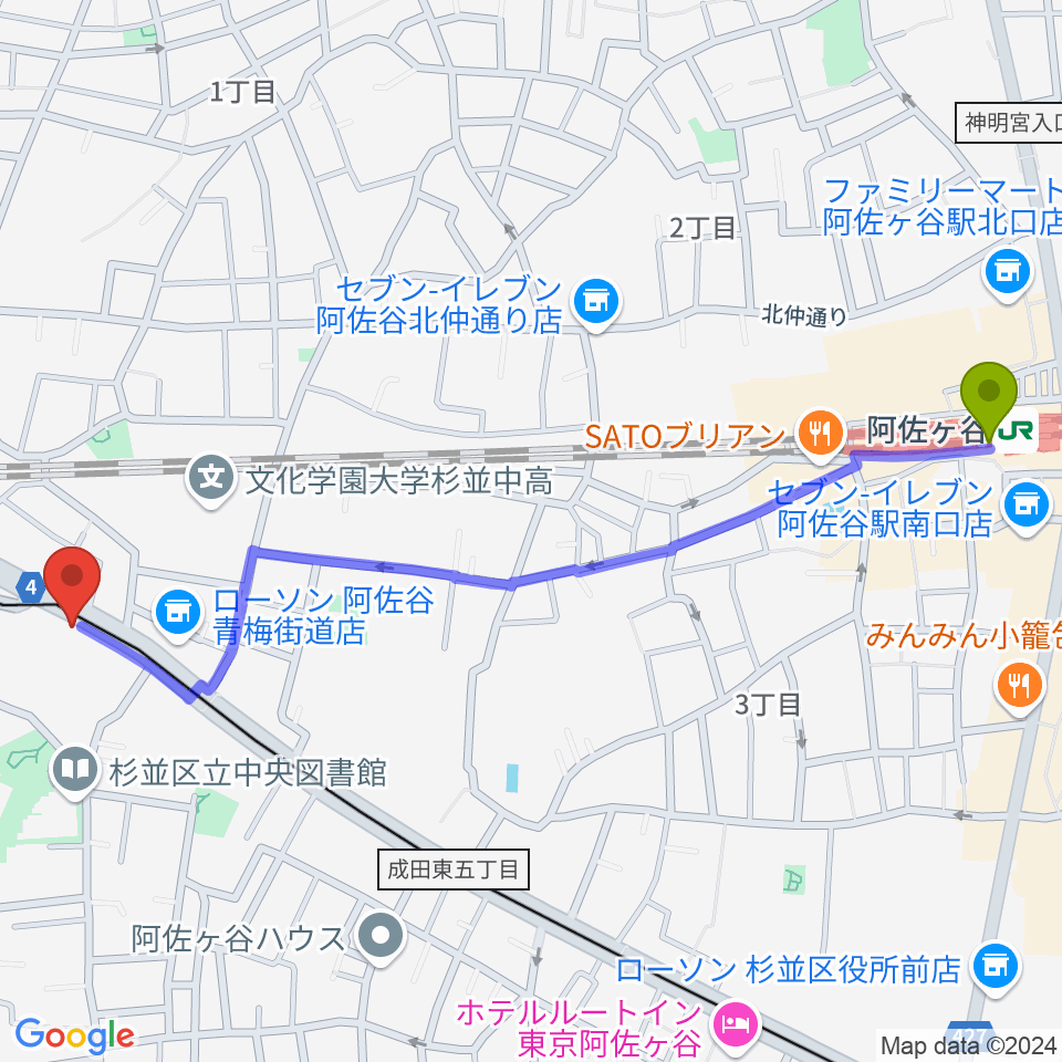 阿佐ケ谷駅から荻窪小劇場へのルートマップ地図