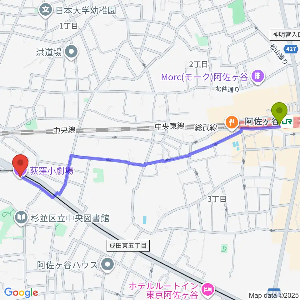阿佐ケ谷駅から荻窪小劇場へのルートマップ地図