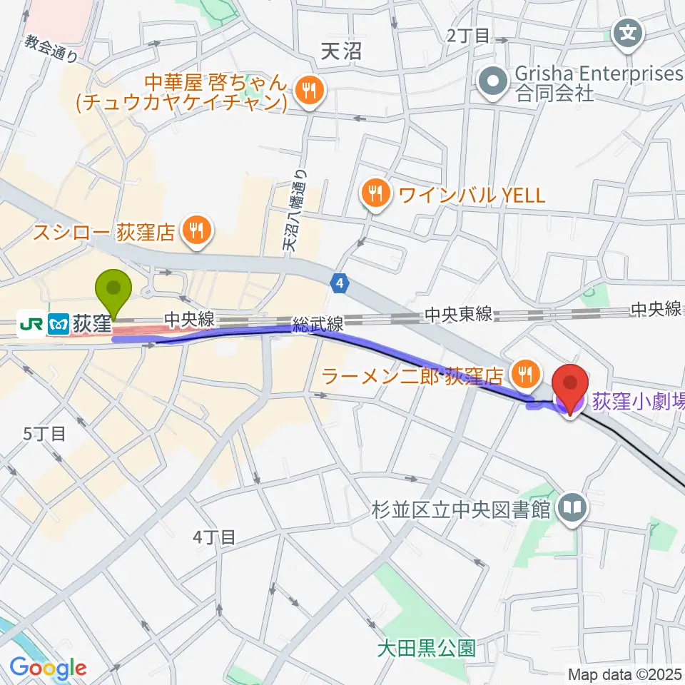 荻窪小劇場の最寄駅荻窪駅からの徒歩ルート（約11分）地図